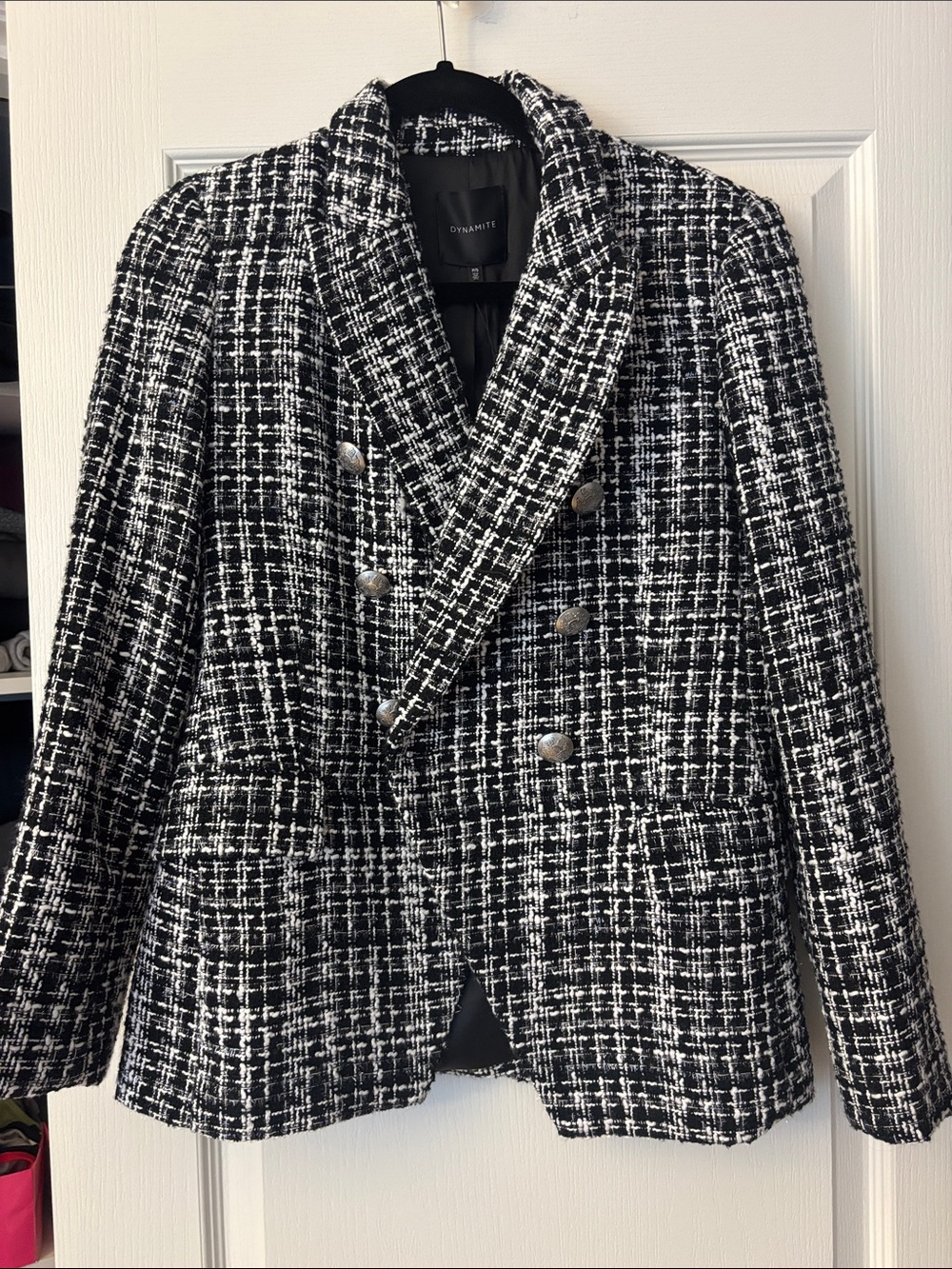 NWT Dynamite Paloma Double-Breasted Blazer - Black/White/Silver Tweed - Small